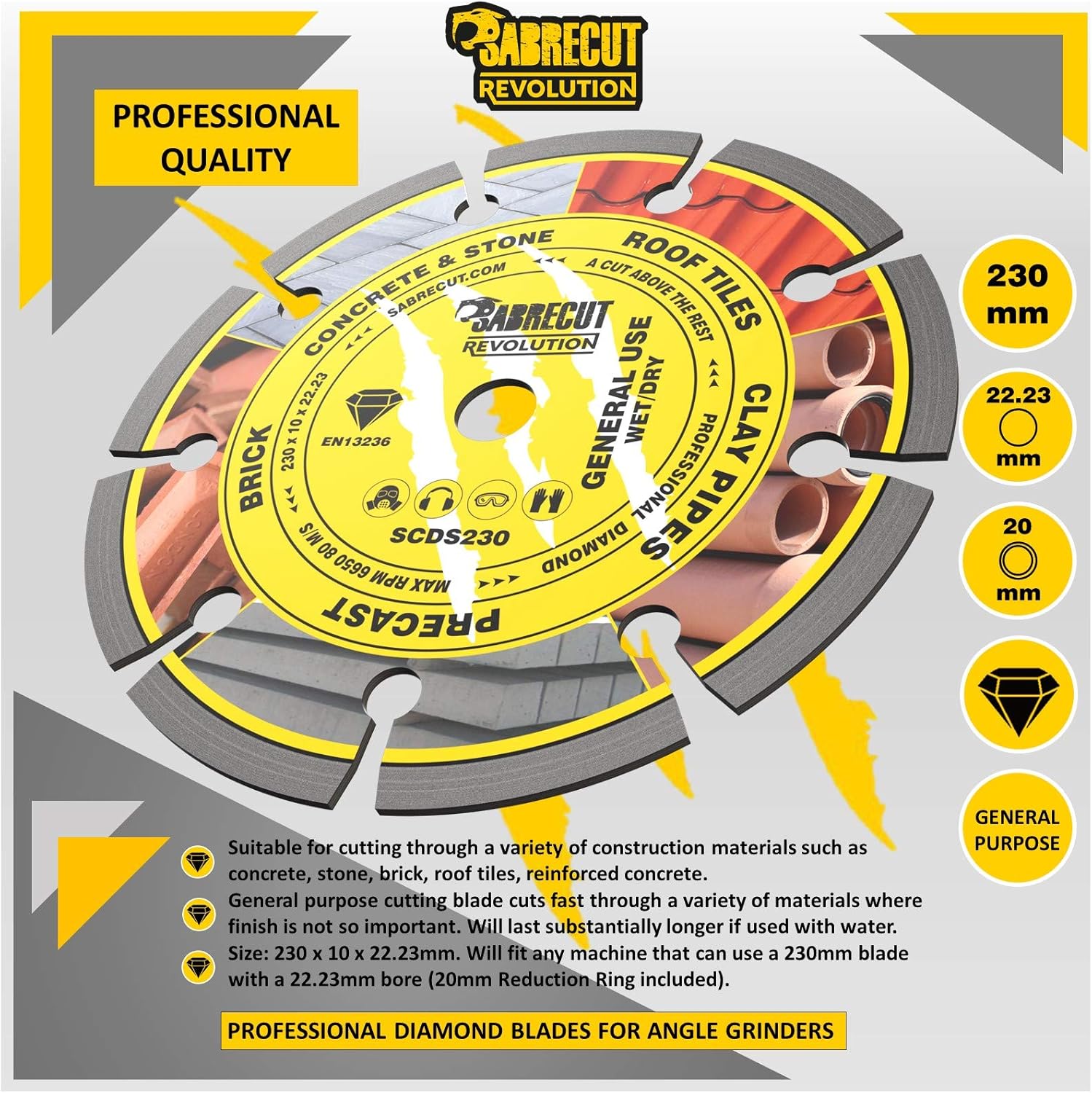 1 x SabreCut SCDS230 230mm (9 inch) x 10mm x 22.23mm Bore Segmented Angle Grinder Diamond Circular Saw Blade - Image 3