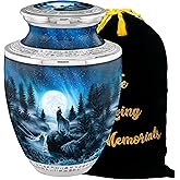 Midnight Wolf Cremation Urns for Adult Ashes Male Female - 200lbs Burial Urns for Human Ashes with Velvet Bag (Wolf Wisdom No Medallion