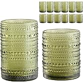 ZMOWIPDL Vintage Glassware Drinking Glasses Set of 12,Green 12oz & 15oz Hobnail Glass Cups,Embossed Water Tumbler,for Beer,Co