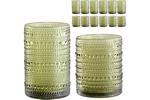 ZMOWIPDL Vintage Glassware Drinking Glasses Set of 12,Green 12oz & 15oz Hobnail Glass Cups,Embossed Water Tumbler,for Beer,Co