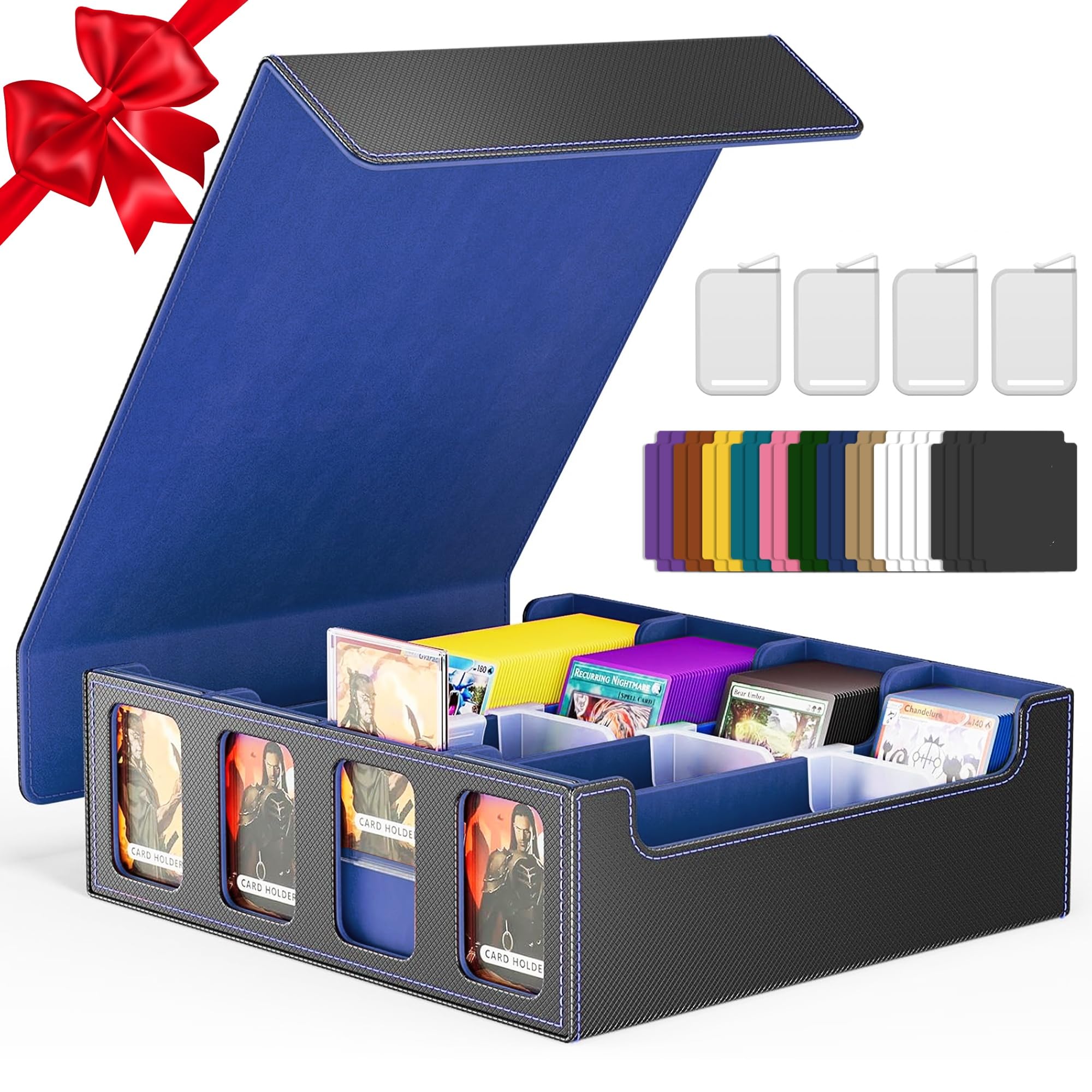Photo 1 of MTG Trading Card Storage Box Fix 3200+ Cards, 4-Row Commander Deck Box with 24 Colorful Dividers & 4 Card Holders & 4 Supporters, PU Leather TCG Case for Magic/TCG/YuGiOh/Sport Cards- Black & Blue