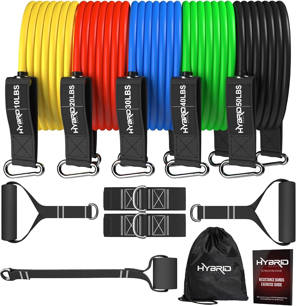 Hybrid Sport Hybrid Resistance Bands Set 150lb Heavy-Duty 12pc 2 Handles