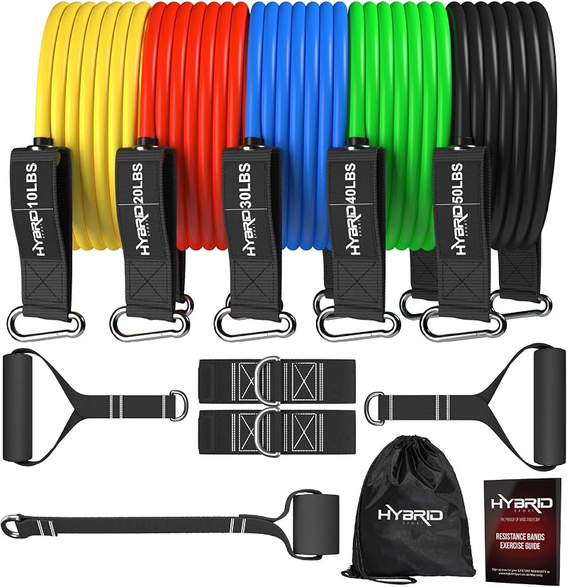 Hybrid Sport Hybrid Resistance Bands Set 150lb Heavy-Duty 12pc 2 Handles