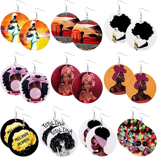 16 Pair Round African Women Earrings Wooden Painted Ethnic Style Dangle Earring Geometric Personalized Earrings