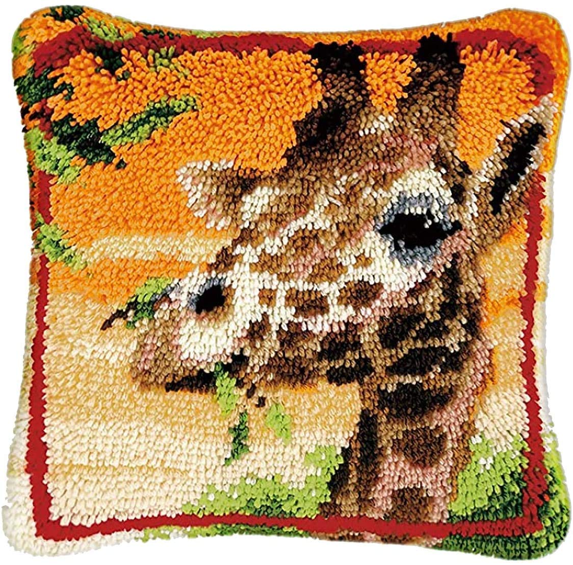 Latch Hook Kit DIY Pillowcase Crochet Cushion Cover Yarn Cross Stitch Kits fit for Adults and Beginners 15.7 x 15.7 inch (Giraffe)