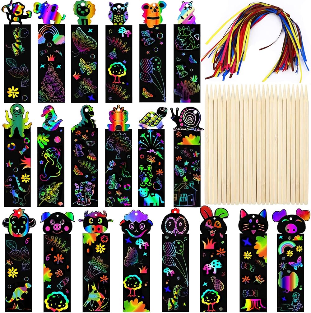 Dkibtol Scratch Art for Kids 48 Pcs Rainbow Bookmarks with Wooden Stylus