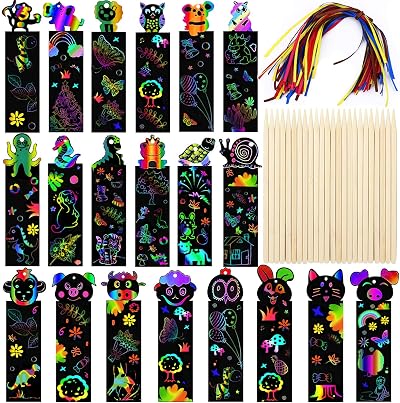 Dkibtol Scratch Art for Kids 48 Pcs Rainbow Bookmarks with Wooden Stylus