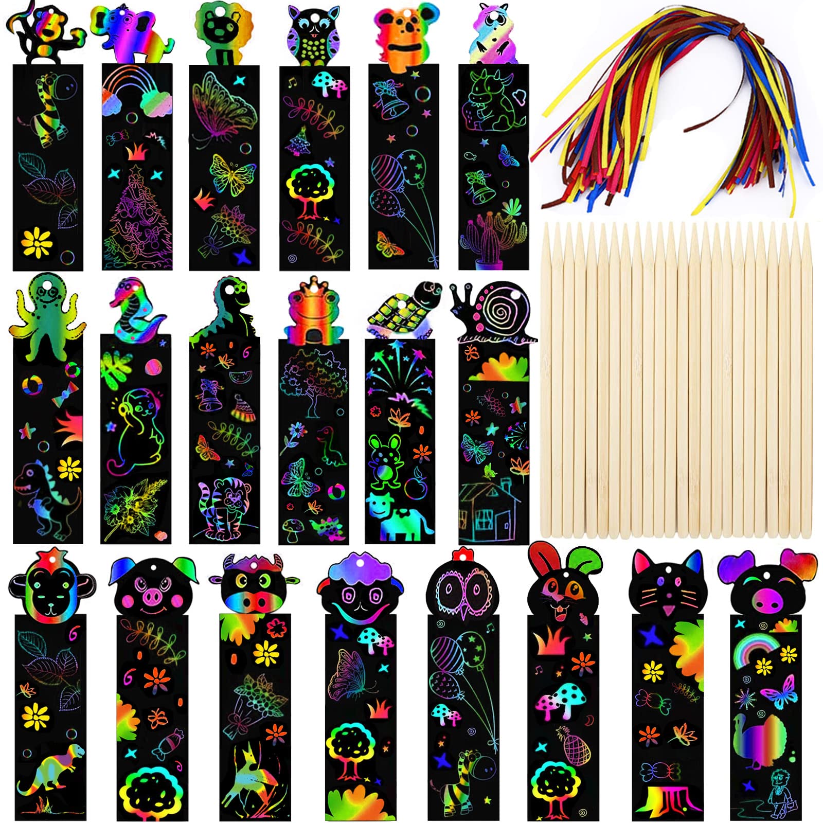 Scratch Art for Kids, 48 Pcs Magic Rainbow Bookmarks for Children, Scratch Art Party Bag Fillers, Animal Craft DIY Scratch Paper Art Tags with Wooden Stylus and Ribbons for Classroom Birthday Gifts