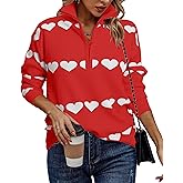 Heart Sweater for Women V Neck Valentines Sweatshirt Quarter Zip Pullover Ribbed Knitted Sweaters Loose Slouchy Tops