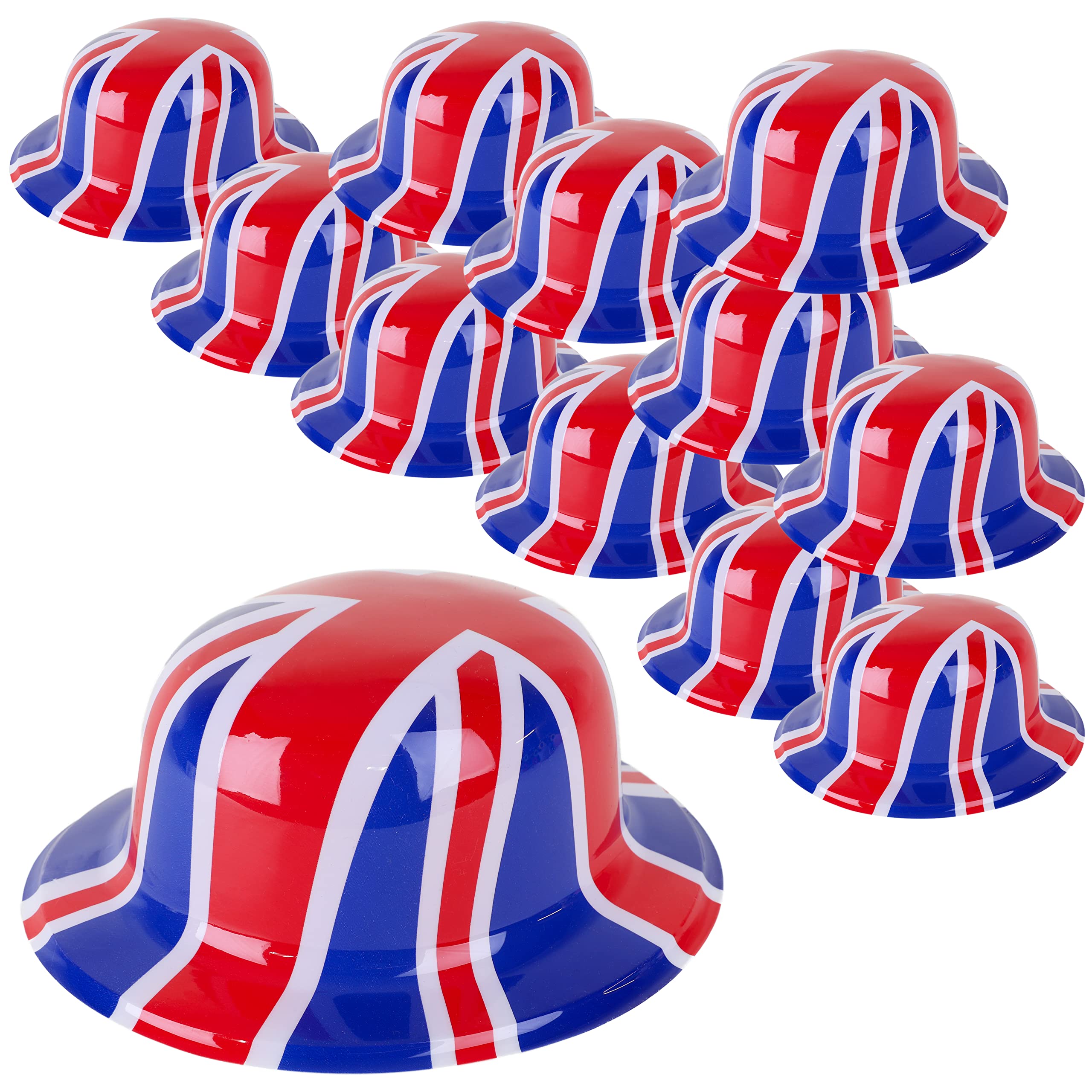 Toyland® Pack of 12 - Plastic Union Jack Bowler Hat - One Size - British Novelty Fancy Dress