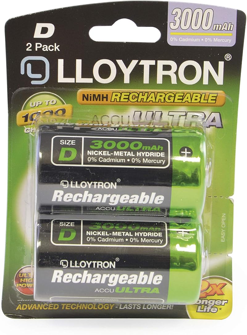 LLOYTRON NiMH AccuUltra D Size 3000mAh Rechargeable Batteries 2 Pack