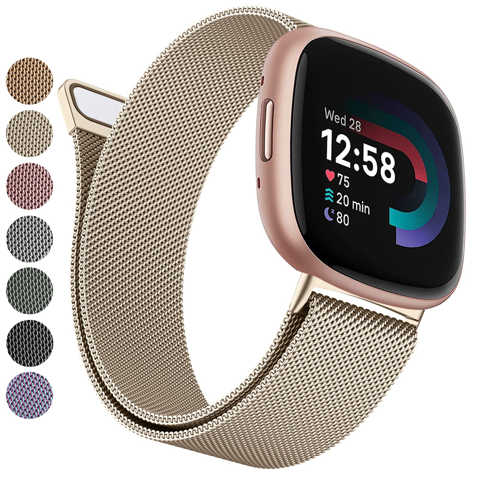 Vancle Strap compatible with Fitbit Versa 3 Straps/Versa 4 Strap/Fitbit Sense/Sense 2 for Women, Breathable Stainless Steel Mesh Loop Adjustable Wristband Replacement Metal (Champagne,Large)