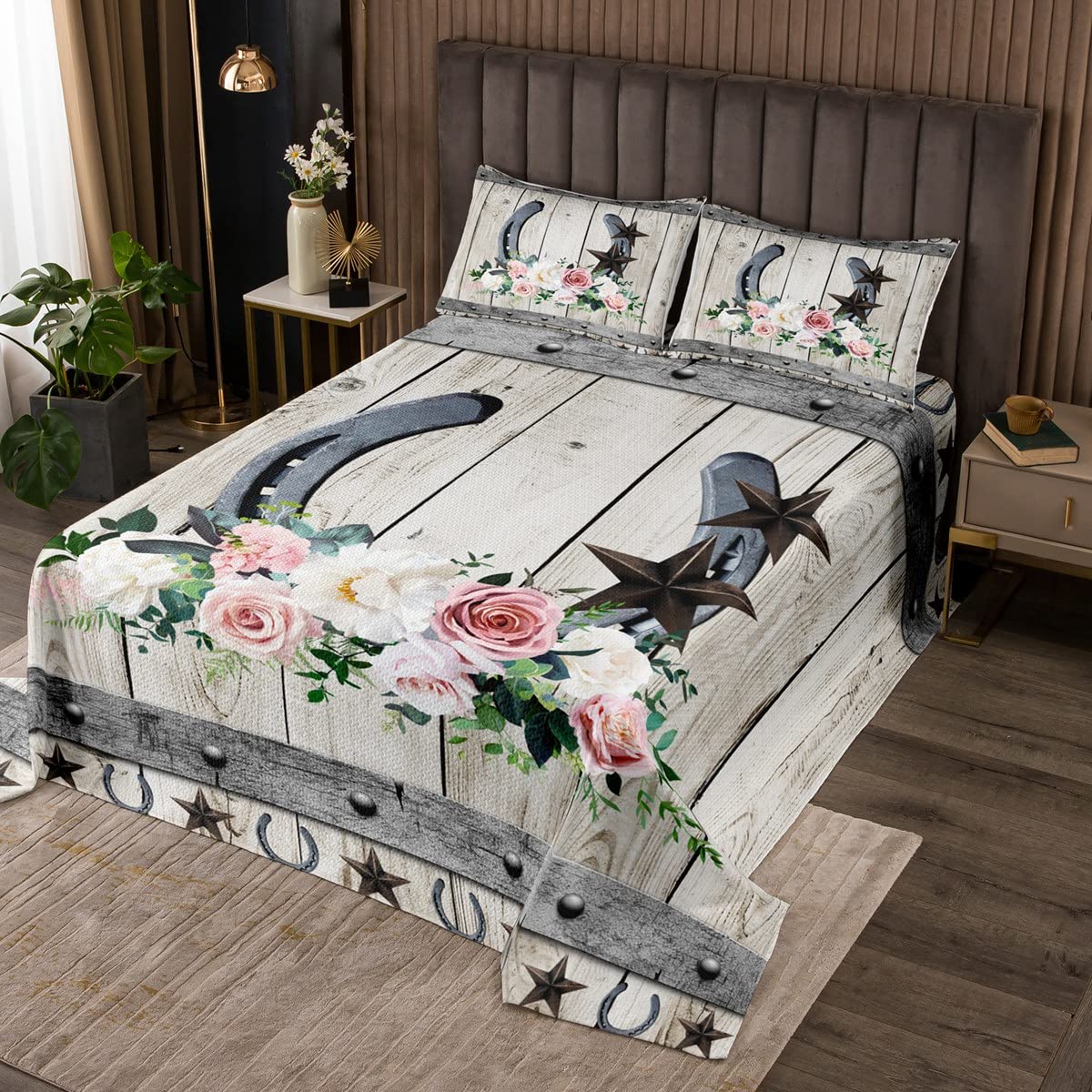 Rose Horseshoe Bedspread Double Size Western Cowboy Adventure Bedding Set for Kids Boys Women Girls Room Decor,Rustic Farmhouse Comforter Set White Vintage Wooden Barn Quilt Set 3pcs