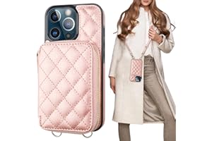 Bocasal Crossbody Wallet Case for iPhone 13 Pro, RFID Blocking PU Leather Zipper Handbag Purse Flip Cover, Kickstand Folio Case with Card Slots Holder Wrist Strap Lanyard 5G 6.1 Inch (Rose Gold)