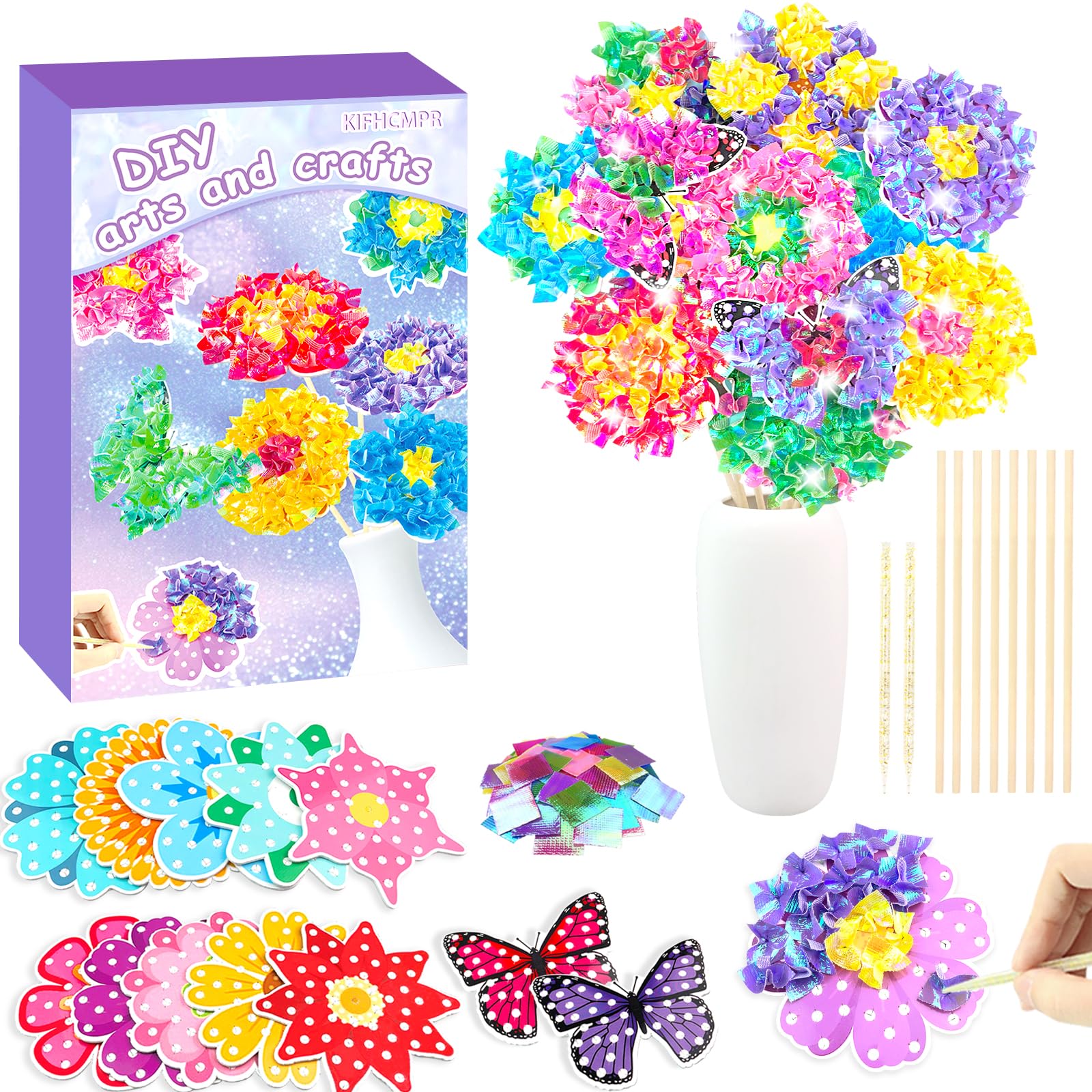 Poke Art Bastelset Kinder ab 4 Jahre,DIY-Einschulung Geschenke für Mädchen Spielzeug 5-12Jahre Kindergeburtstag Kunstblumenstrauß Blumen Bastelkoffer Blumenstrauß mit Pailletten Kreativ Set für Kinder