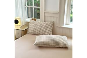 LIFETB Tan Gingham Pillowcases Set Farmhouse Standard Size Pillow Shams Buffalo Taupe Plaid Pillowcases Set of 2, Grid Checkered Gingham Washed Cotton Pillow Covers with Envelope Closure, 20"×26"