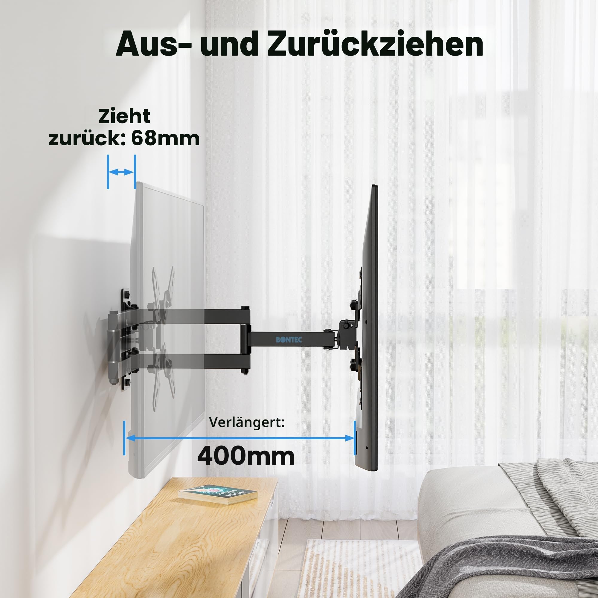 BONTEC TV Wandhalterung Schwenkbare, Neigbare, Drehbar Fernseher Halterung für 13-42 Zoll LED LCD OLED Flach/Curved-Fernseher bis zu 20kg, TV-Halterung mit 400 mm Auszug, Max VESA 200x200mm 5
