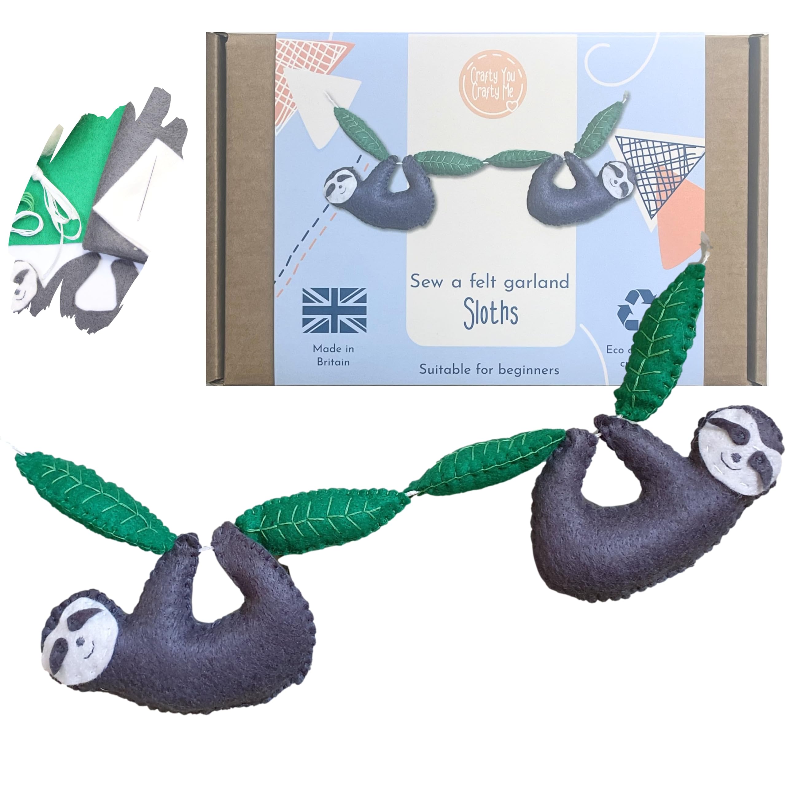 Crafty You Crafty Me - Sloth Felt Garland Sewing Craft Kit, Gift or Activity for Beginners with All Materials Included and Clear Instructions Plus an Illustrated Stitch Guide, Made in The UK.