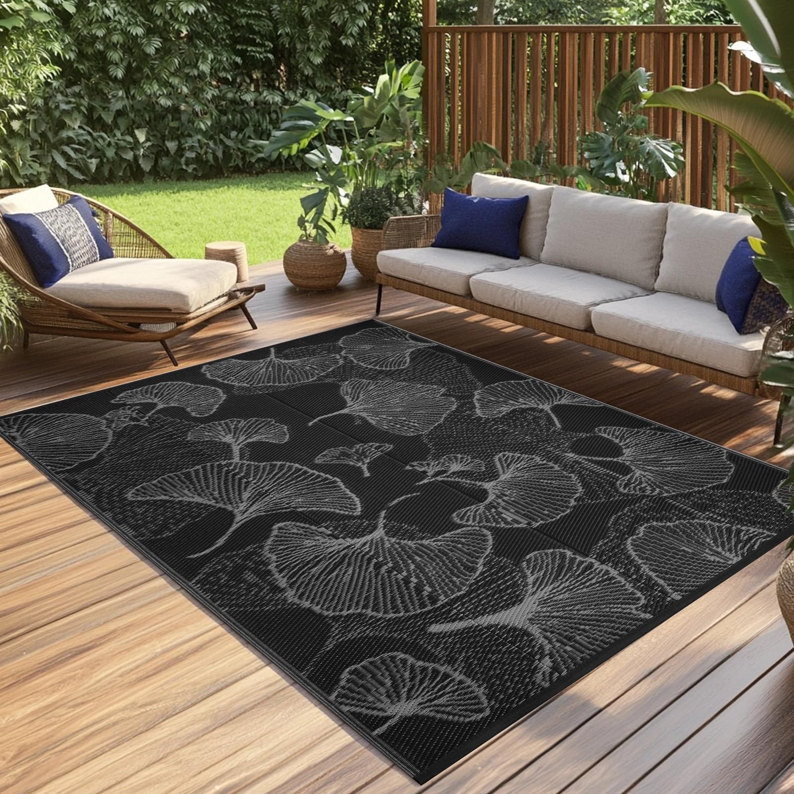 Photo 1 of Pcinfuns Outdoor Patio Rugs 9'x12' Waterproof, Reversible Plastic Straw Camping Rug Carpet, Large Area Rugs Mats for Rv, Deck, Porch, Picnic, Beach, Balcony, Black & Grey