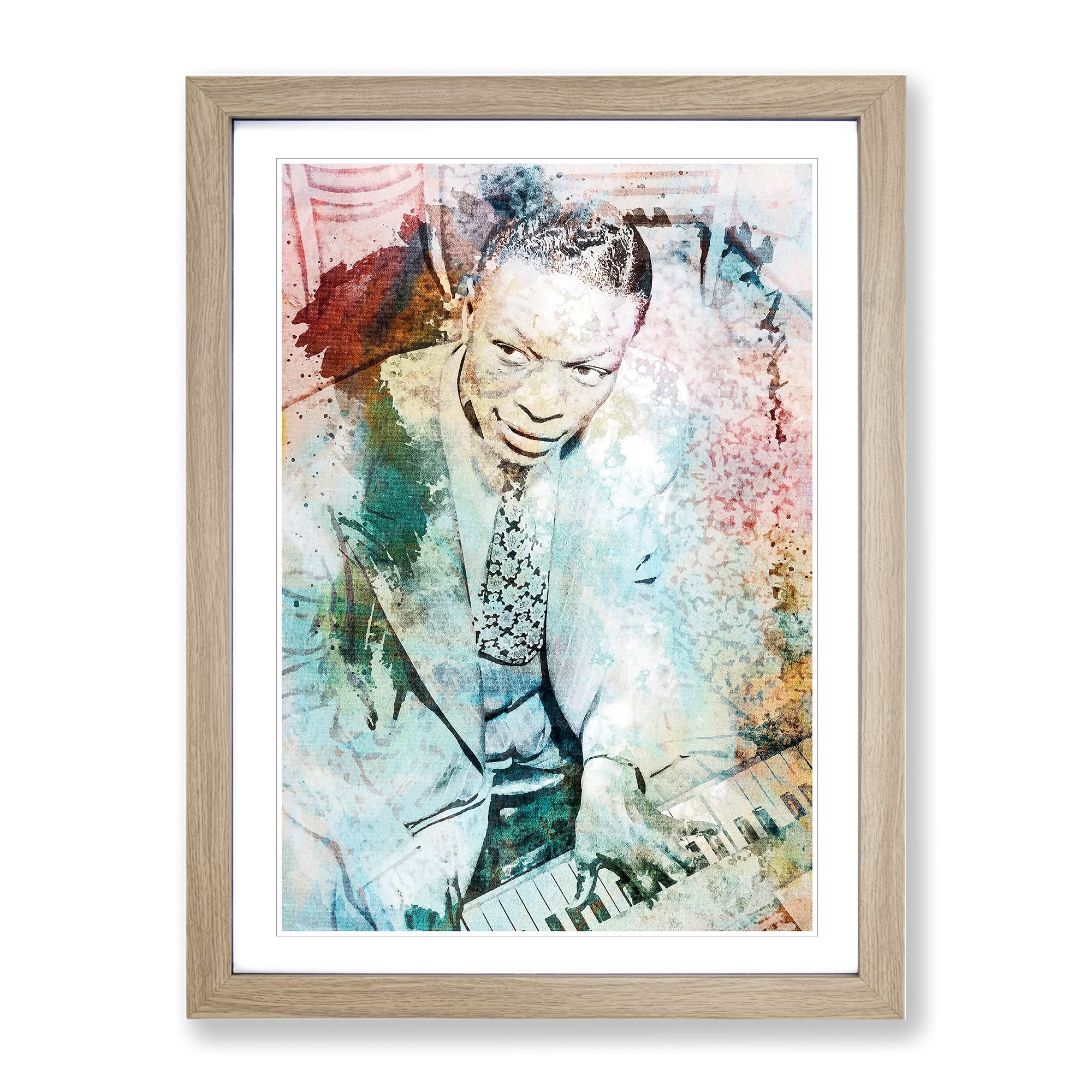 Nat King Cole In Abstract Modern Art Framed Wall Art Print, Ready to Hang Picture for Living Room Bedroom Home Office Décor, Oak A3 (34 x 46 cm)