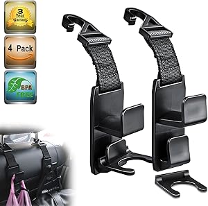Heroway Magic Headrest Hooks for Car, Purse Hanger Headrest Hook Holder for Car Seat Organizer Behind Over the Seat Car Hooks-Hang Purse or Grocery Bags,Black,4Pack
