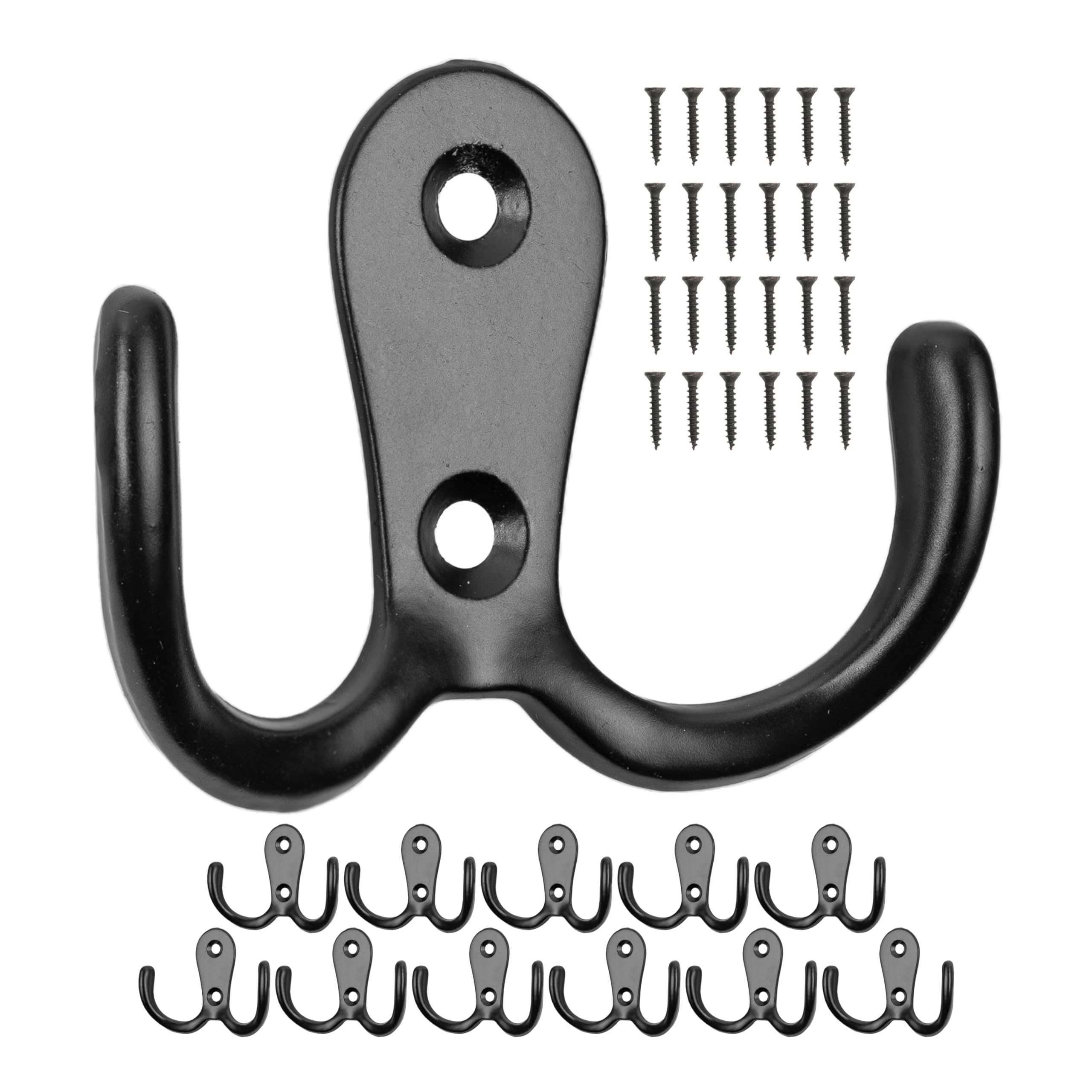Hooks for screwing, 12 pieces, in black, outside 54 x 40 x 15 mm, double hooks incl. wood screws, coat hanger for door, bathroom, kitchen, hallway, DIY metal holder, coat fastener, hat organizer