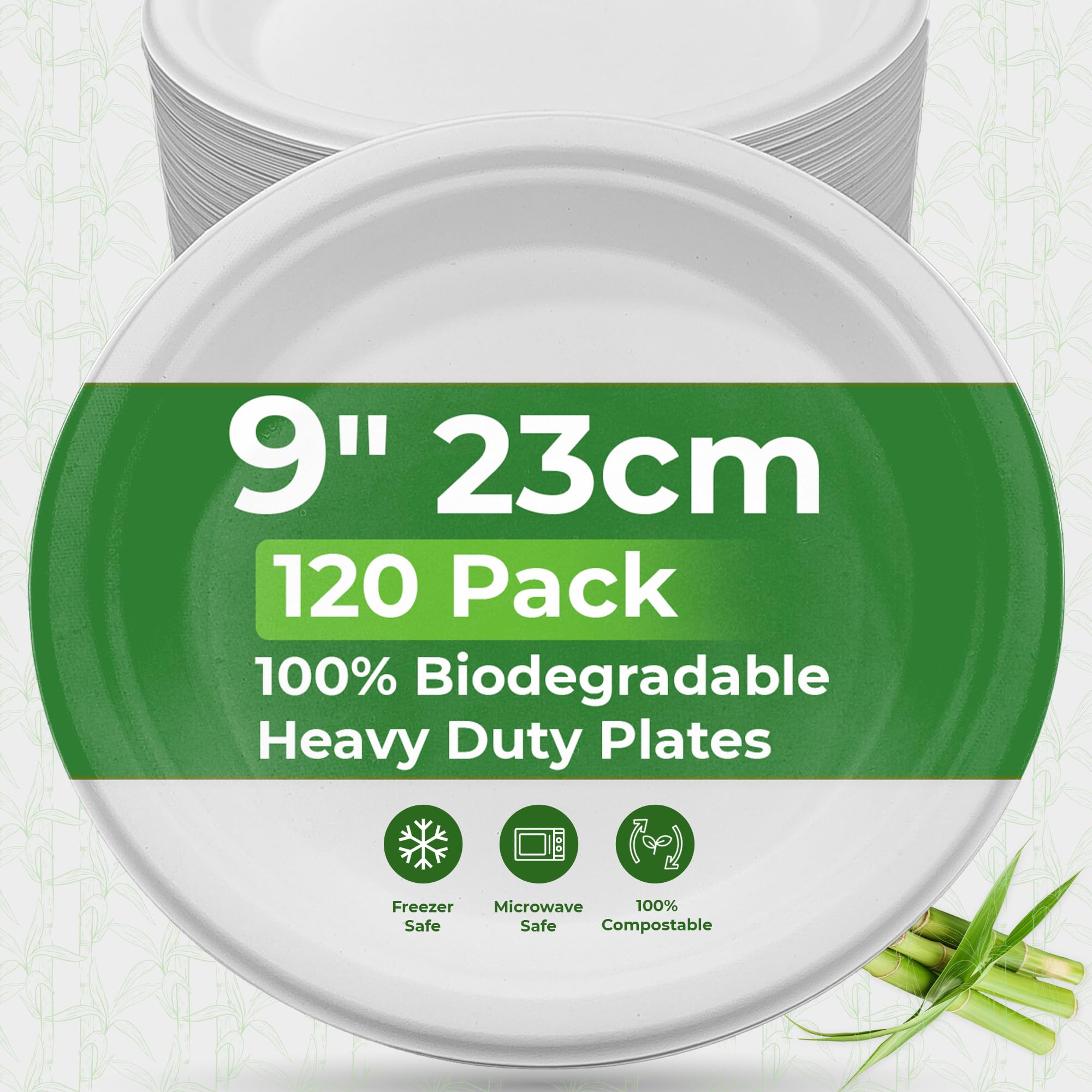 PRIME FEEL Disposable Paper Plates 9 Inch [120 Pack] 100% Compostable Sugarcane Heavy-Duty Eco Friendly Plates for Party Events, BBQs, Camping, and Picnics