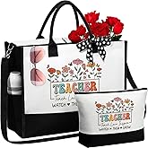 MAYICIVO Best Teacher Christmas Appreciation Gifts for Women, End of Year Teacher Gifts from Student, Funny Retirement Birthday Thank You Gift Set for Daycare Teachers Canvas Tote Bag & Makeup Bag