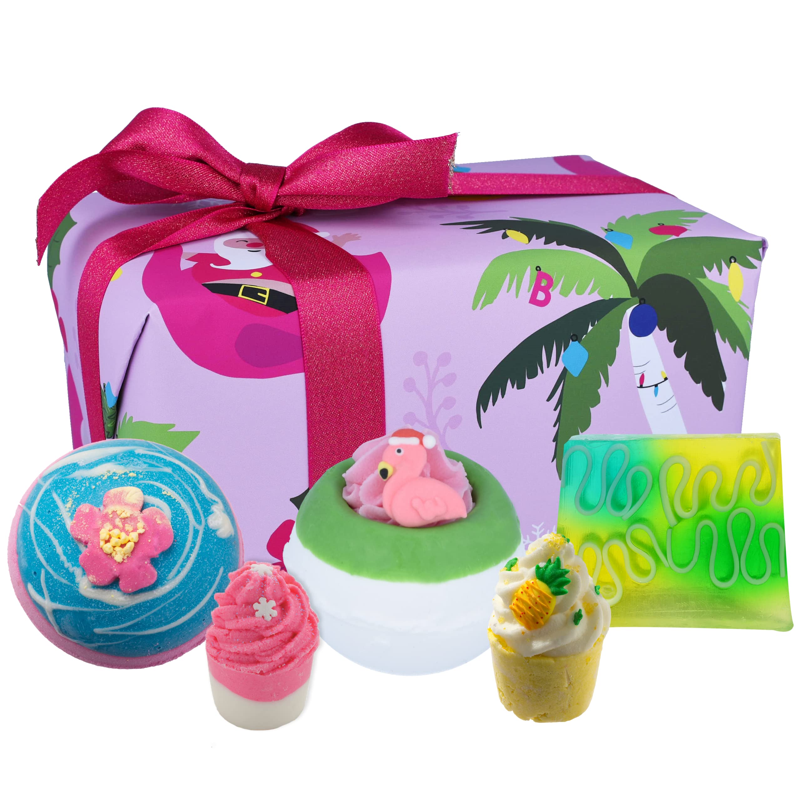 Bomb Cosmetics Christmas Tropicana Handmade Bath Bomb, Bath Melt and Soap Slice Wrapped Gift Pack, Handmade & Cruelty Free with Pure Essential Oils, Contains 5-Pieces, 520g
