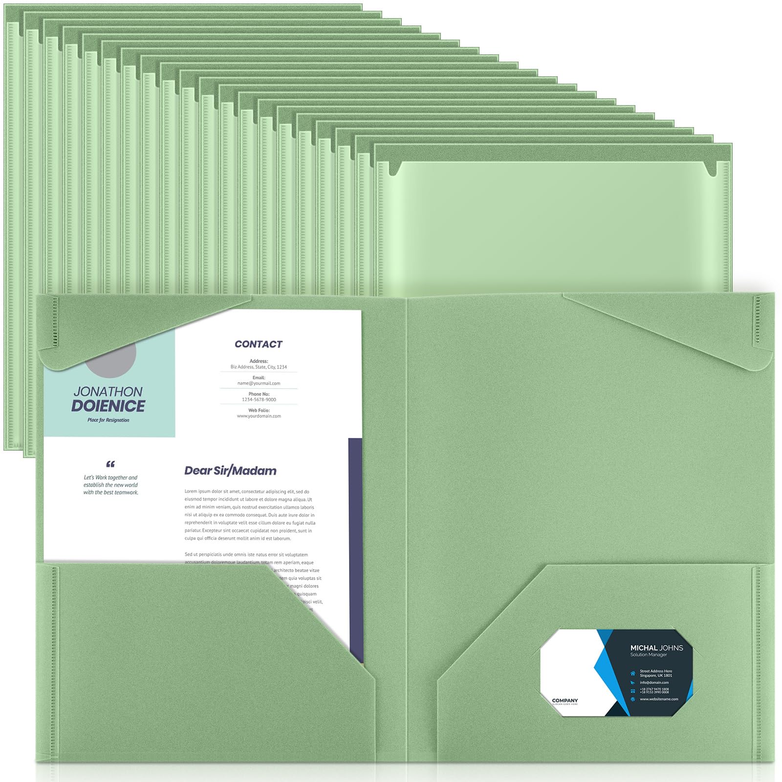 Photo 1 of Henoyso 60 Pcs Plastic Folders with Clear Front Pockets Heavy Duty File Folders with 2 Pockets and Card Slot for Student Communication School Office Presentation Report (Sage Green)