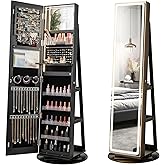 CHARMAID Swivel LED Mirror Jewelry Cabinet Armoire, Full Length Mirror with Storage, 3 Color & Adjustable Lights, Lockable Standing Jewelry Organizer with Lighted Mirror (Black)