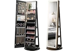 CHARMAID Swivel LED Mirror Jewelry Cabinet Armoire, Full Length Mirror with Storage, 3 Color & Adjustable Lights, Lockable Standing Jewelry Organizer with Lighted Mirror (Black)