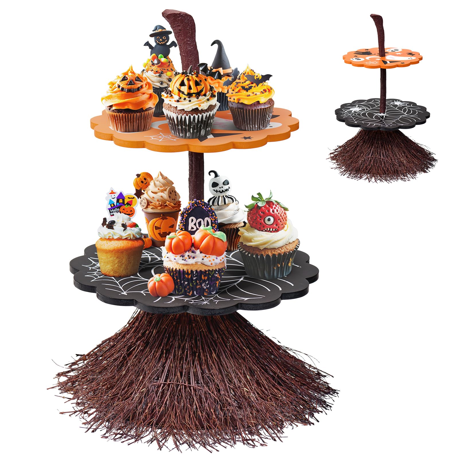 Photo 1 of antiai 2 Tier Halloween Cupcake Stand Wooden Cake Dessert Stand Party Supplies Food Tray Decorations Ghost Cupcake Holder for Halloween Party Display Serving Dishes