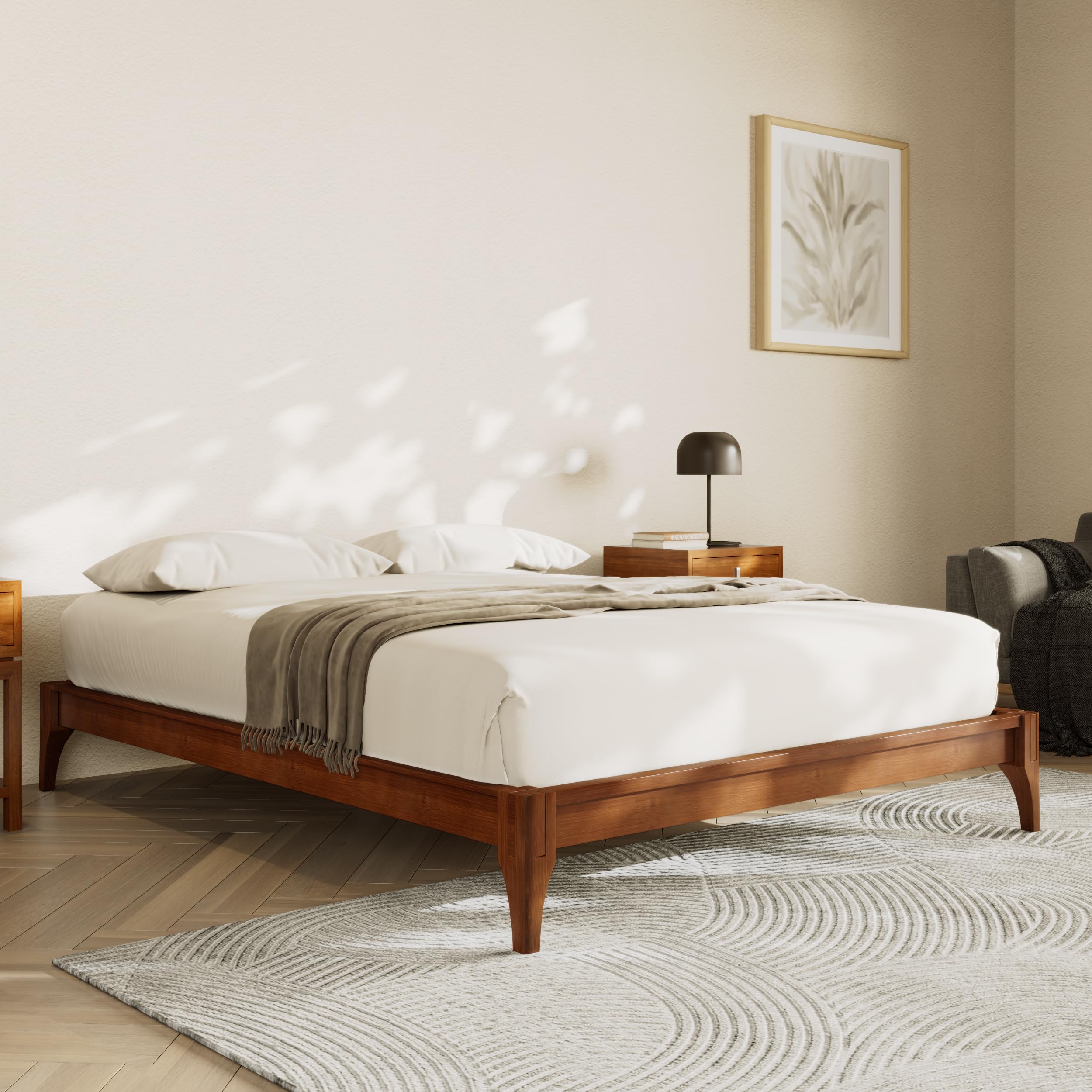 Photo 1 of Merax King Size Bamboo Platform Bed, Mid-Century Modern Bed Frame with Wood Slat Support, No Box Spring Needed, Easy Tool-Free Assembly, Brown