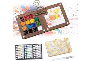 Portable Watercolor Set for Beginners - 24 Color Mini Pocket Paint Kit with Magnetic Wooden Palette (15 Grid), Water Brush Pe