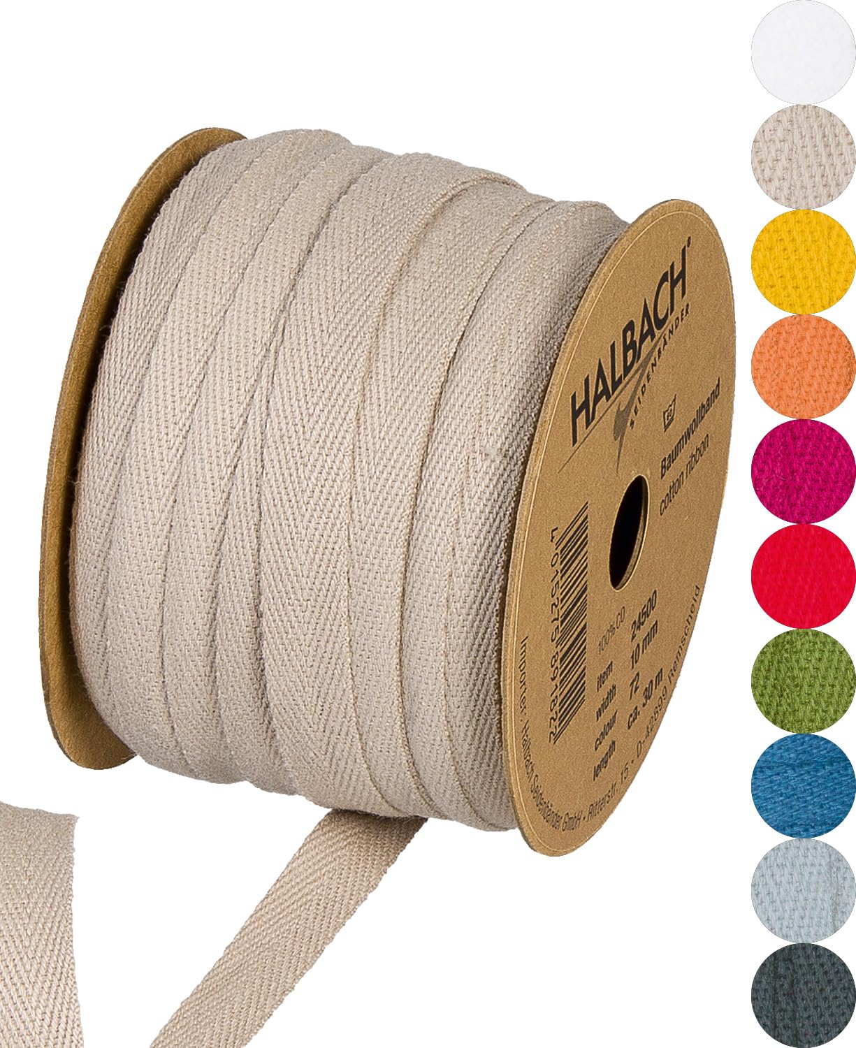 Halbach Seidenbänder Cotton Tape 10 mm x 30 m, Tapes for Crafts as Sold by the Metre, Fabric Tape for Decorations, Woven Tape 100% Cotton for DIY Crafts, Bias Binding for Sewing Colour: Linen, 24500