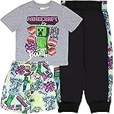 Minecraft Boys 3-Piece Creeper Pants Set - Short Sleeve T-Shirt, Shorts, & Jogger Pants 3-Pack Bundle Set for Boys