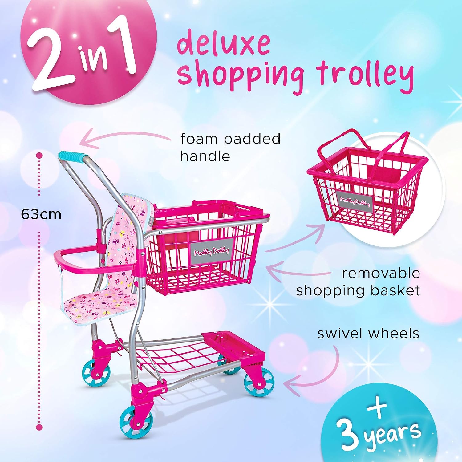 Molly Dolly 2 in 1 Kids Shopping Trolley & Basket Playset - Toy Shopping Cart For Kids, Pink, 63*46*30 cm - Image 5