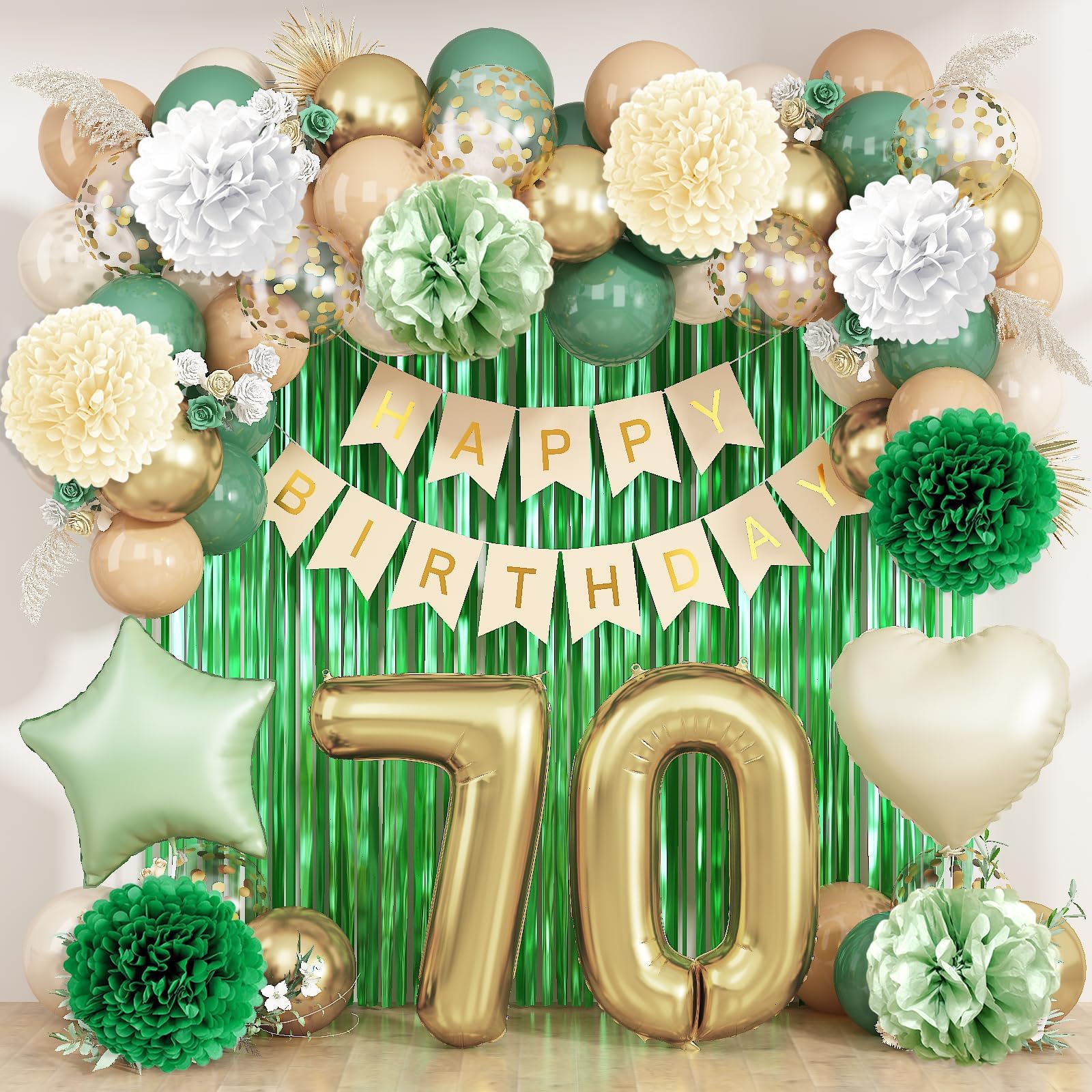 Sage Green 70th Birthday Decorations for Men Gold Number 70 Balloon Nude Gold Happy Birthday Banner Fringe Curtain Paper Pom Poms Olive Green Cream White Sand Star Foil Balloons Party Decor