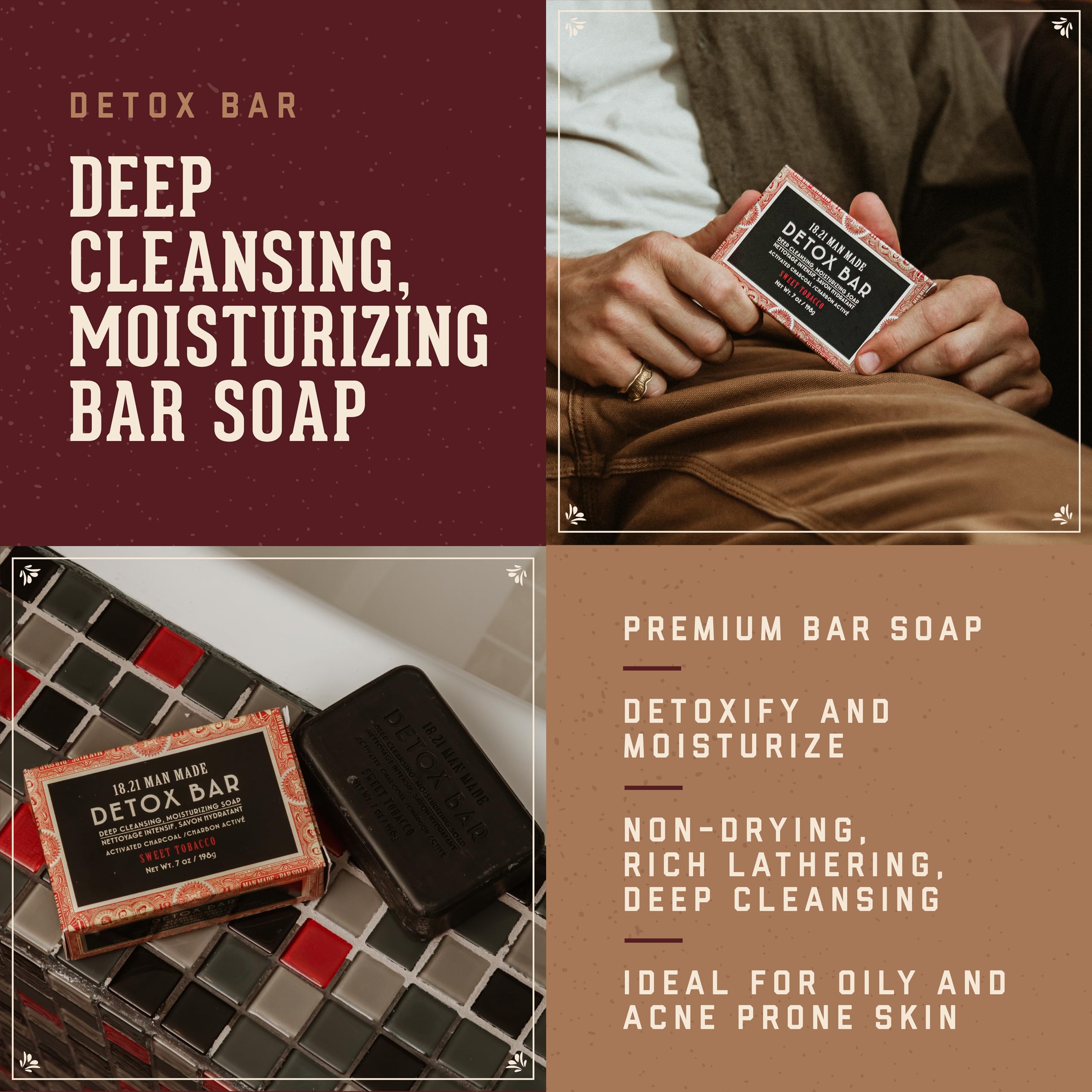 18.21 Man Made Men's Deep Cleansing Soap Bar 7 oz. - Activated Charcoal for Oily/Acne Prone Skin, or Exfoliating Scrub Bar with Jojoba Beads, 2 Scents, Natural Premium Men's Grooming