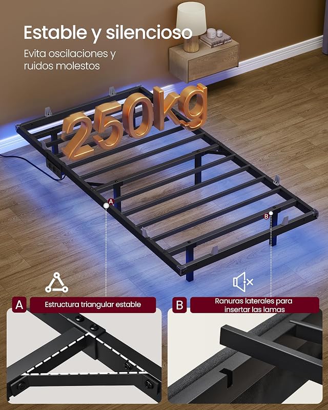 Estrutura da cama 90 x 190 cm, luzes LED, estação de carregamento removível, 2 tomadas AC, 1 porta USB-C, 1 porta USB-A, 1 polegada traseira, suporta até 250 kg, tinta preta RMB171B101
