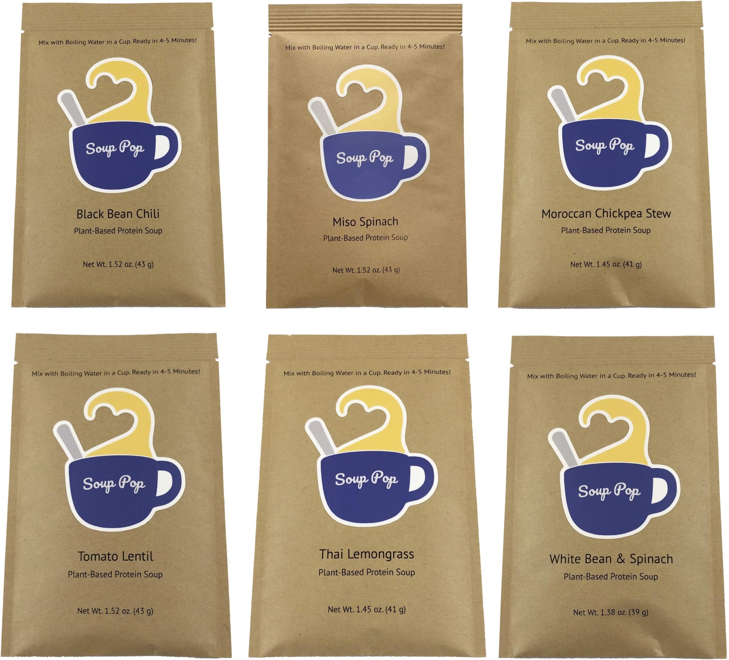 Soup Pop Instant Vegan Soup, Plant-Based Protein, Variety Value Pack (Pack of 6)