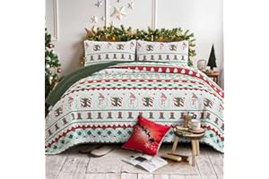 XRUIBED Christmas Quilt Set Queen, Christmas Snowman Green Striped Quilt Set 3PCs Soft Microfiber Lightweight Xmas Gifts Bedspread with 2 Pillowshams for Kids Teens Adults, Queen Size 90" x 96"