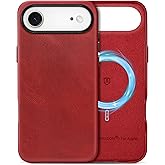 SHIELDON Genuine Leather Case for iPhone Air 6.5 Inch 2025 | Magnetic Wireless Charging, Slim Fit, Non-Slip, Shockproof Protective Phone Cover with Metal Buttons & Camera Bump Frame - Retro Red