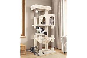 Globlazer Cat Tree Tower with Scratching Post for Indoor Cats, 53inch Tall Plush Multi-Level Cat Climbing Tower Condo House with Large Hammock, Spacious Cat Cave, Big Padded Top Perch Bed, F53, Beige