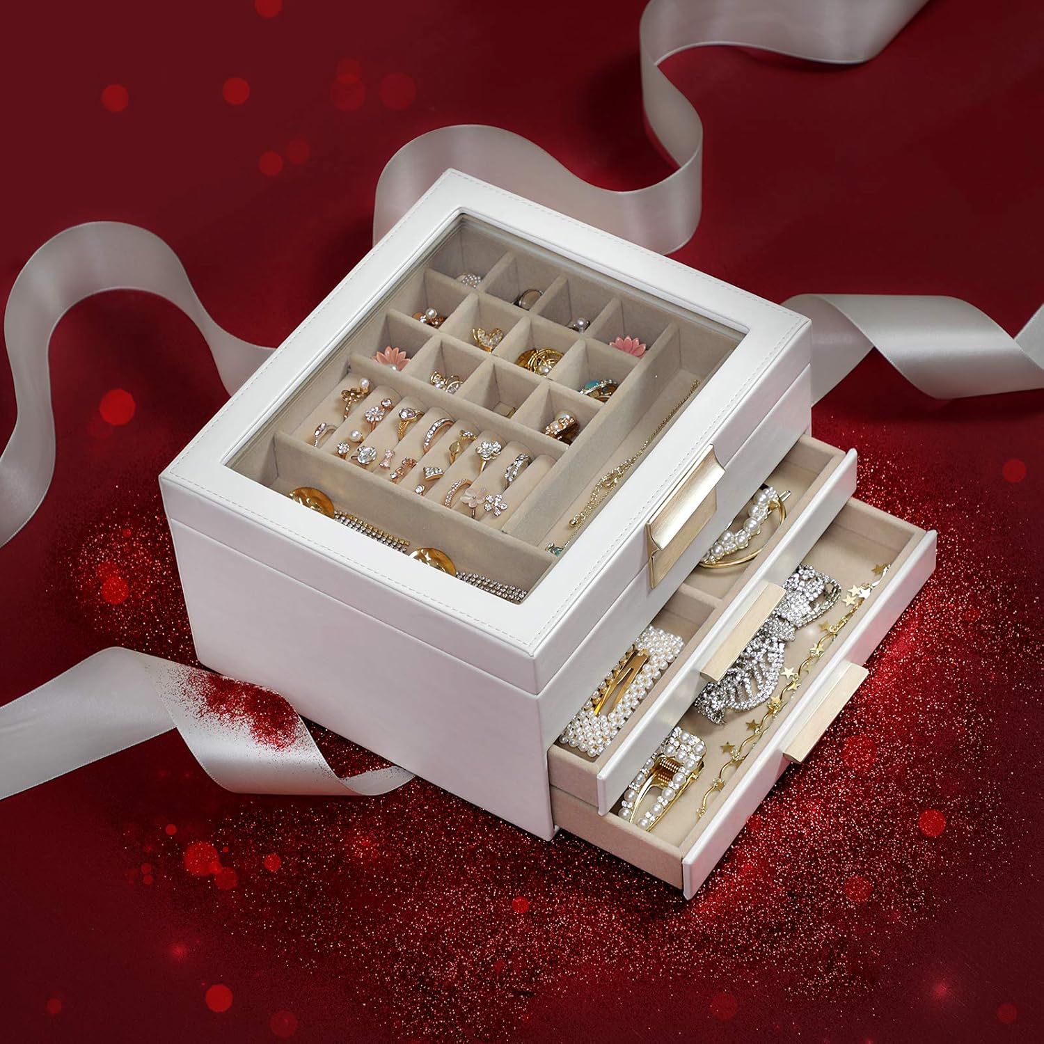 SONGMICS Jewelry Box with Glass Lid, 3-Layer Jewelry Organizer with 2 Drawers, Gift for Loved Ones, White UJBC239WT: Home & Kitchen