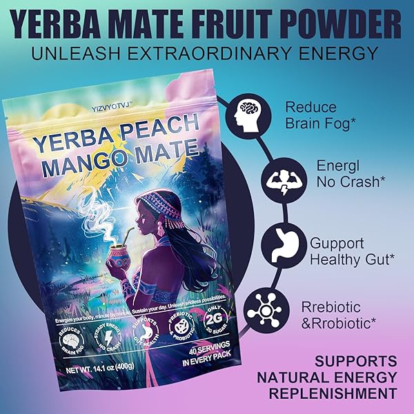 40 SERVINGS (14.1OZ) YERBA MATE INSTANT TEA POWDER, 3-IN-1 PEACH MANGO FLAVORED LOW SUGAR SUPER DRINK TO SUPPORT ENERGY & FOCUS WITH PREBIOTICS AND PROBIOTICS