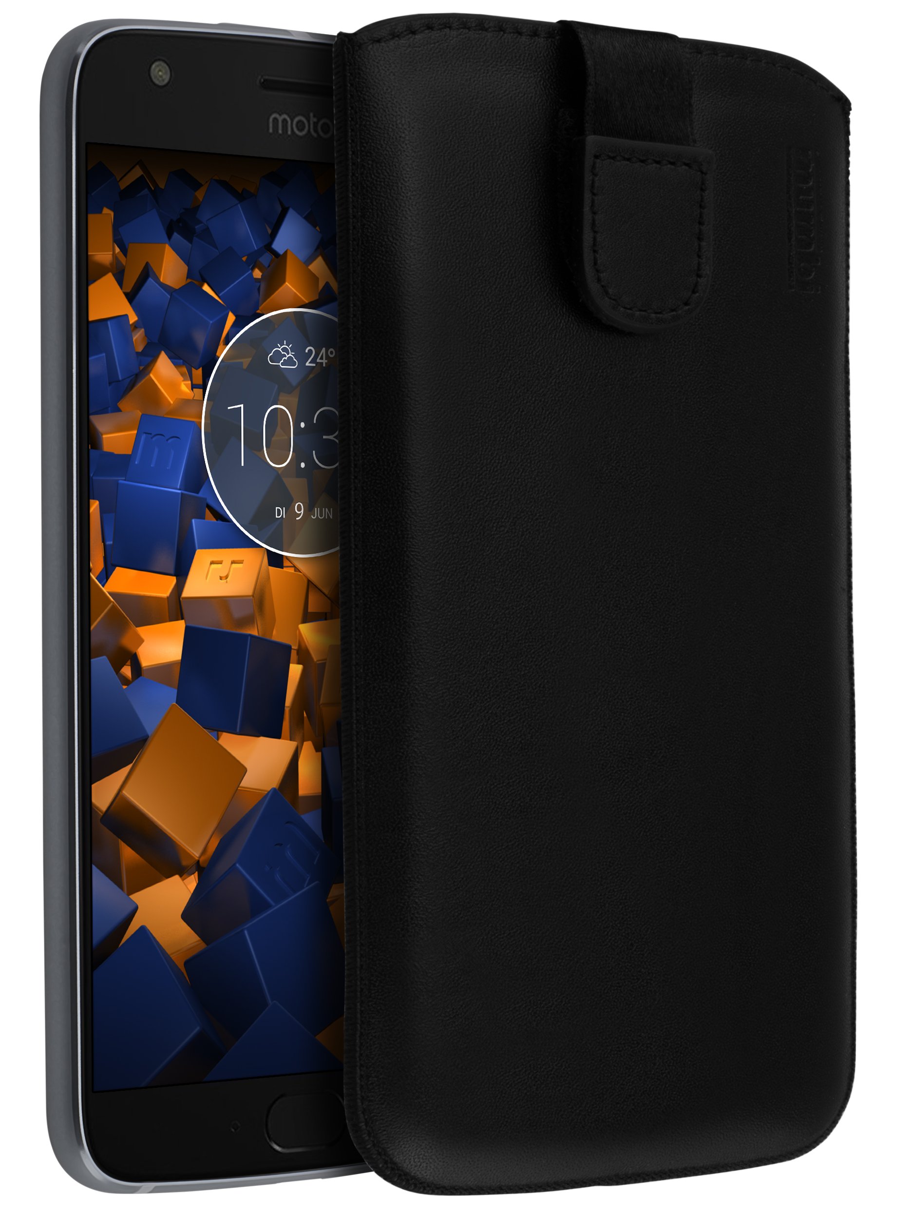 mumbi Genuine Leather Case with Flap and Pull-Up Strap for Motorola Moto X4 Black