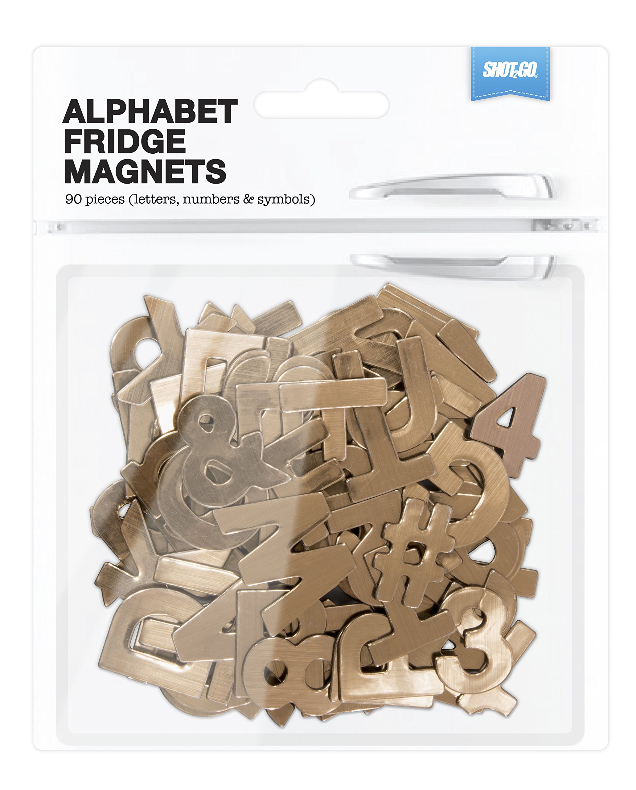 Shot2go Pack of 90 magnetic alphabet letters in metallic copper effect. Includes letters, numbers & symbols. Letter height 25mm