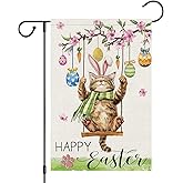 Heyfibro Happy Easter Cute Cat Garden Flag 12x18 Double Sided Burlap, Spring Summer Magnolia Flower Easter Egg Small Yard Banner for Seasonal Holiday Farmhouse Yard Outdoor Decor(ONLY FLAG)